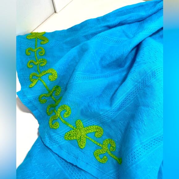 Debbie Katz South Beach Embroidered Turquoise Tunic with Fluted Sleeves Sz Large - Picture 2 of 10